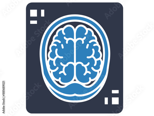 MRI scan graphic showcasing a brain scan with diagnostic overlay. Clean, modern design for medical or technology themes. Bold blue and white color scheme.