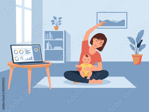 A mother practices yoga while working on a laptop, balancing work and family life. A serene and modern home setting showcases a healthy lifestyle.