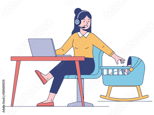 A multitasking mother conducts a video call while caring for her baby. She?s working from home, balancing professional and family life with a modern, approachable style.