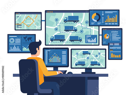 An operator monitors a fleet using multiple screens displaying maps, logistics data, and performance charts. Modern, professional, and visually engaging.