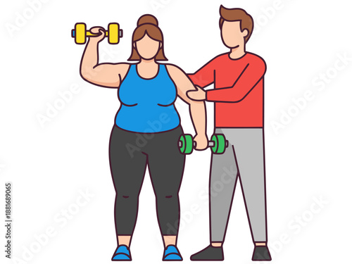 A plus-size couple works out together, one providing support. Dynamic weightlifting illustration, vibrant colors, modern style. Ideal for fitness and health content.