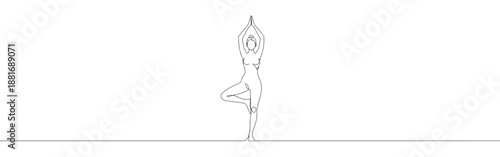 One continuous line drawing of a woman doing yoga in a tree pose, balancing. Minimalist style