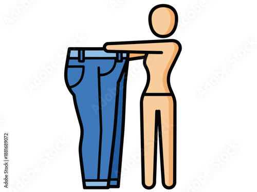 A person tries on oversized jeans, showcasing a 'Success Slim' fit. Simple, graphic illustration with a clean, modern style. Ideal for fashion and lifestyle concepts.