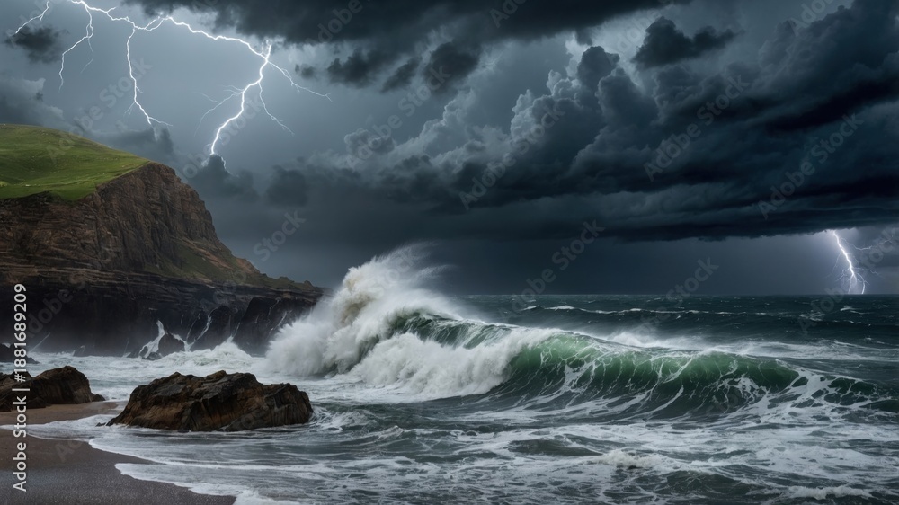 Fototapeta premium Dramatic seascape showcasing turbulent waves crashing against rocky cliffs under a stormy sky filled with lightning