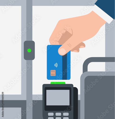 A student pays a bus fare using a smartcard at a modern fare machine. Clear, focused image for commercial use.