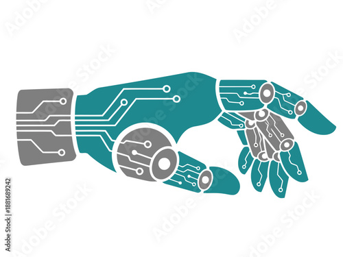 A stylized bionic hand icon with circuit board details, reaching out. Modern technology symbol. Clean, professional design.
