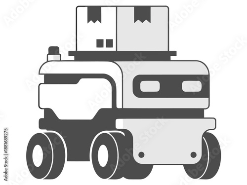 A stylized warehouse robot delivers boxes. Clean, modern icon design. Ideal for logistics, automation, and delivery themes.