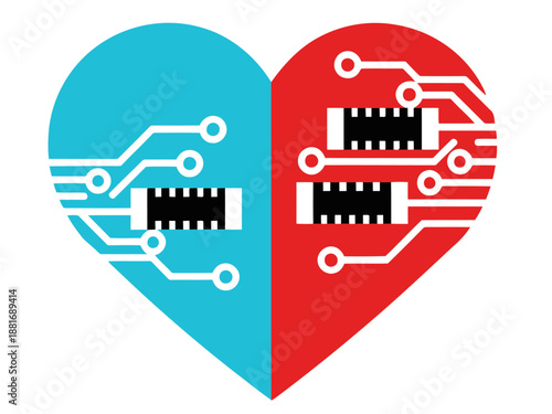 A vibrant heart icon merges biotechnology and technology, symbolizing connection and innovation. Modern, clean design with bold colors. Ideal for tech, healthcare, and digital concepts.