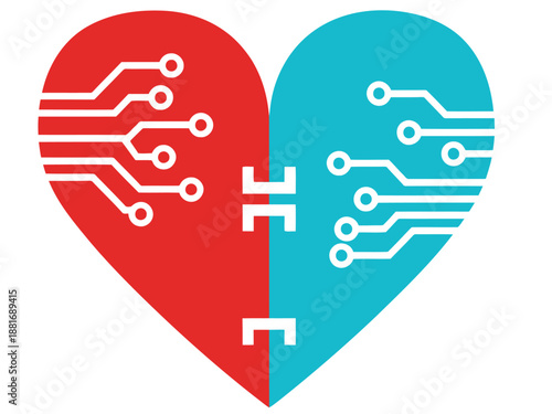 A vibrant heart symbol merging biotechnology and technology. Divided halves showcase circuit board patterns in red and blue. Modern, digital, and emotive design.