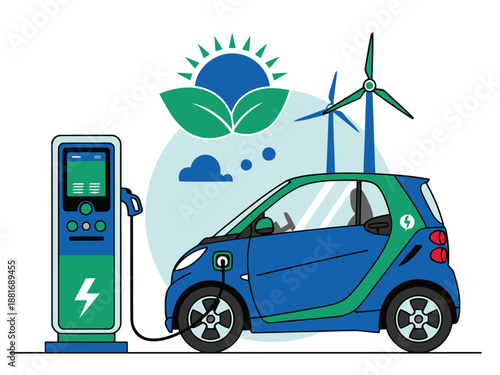 A vibrant illustration showcases smart EV charging with AI scheduling, featuring a blue car and renewable energy icons. Modern, clean design for commercial use.