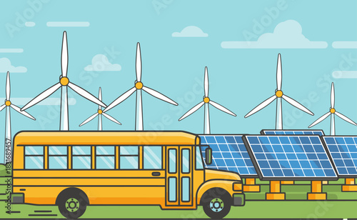 vibrant illustration showcases a school bus powered by renewable energy - solar panels and wind turbines - promoting a sustainable future Clean lines and bright colors create a modern appealing design
