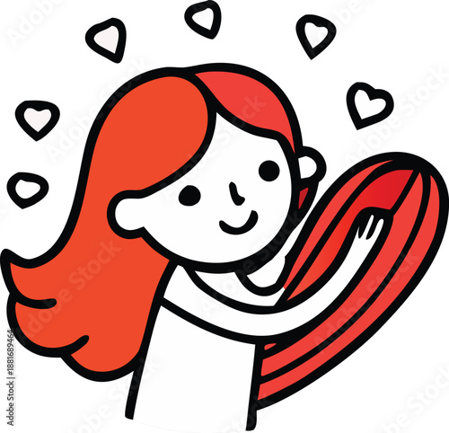 Happy girl with long red hair hugging herself