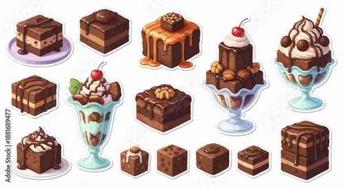 Illustration of various chocolate desserts and sweets on plates and in glasses.