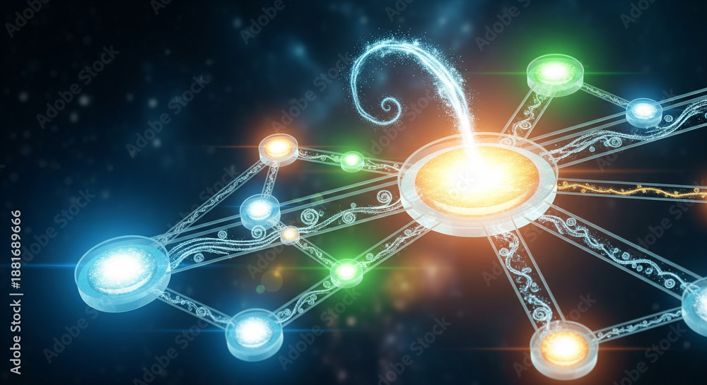 Fototapeta premium A surreal renewable energy network with glowing interconnected nodes powered by sun, wind, and water, symbolizing clean power and sustainable innovation.