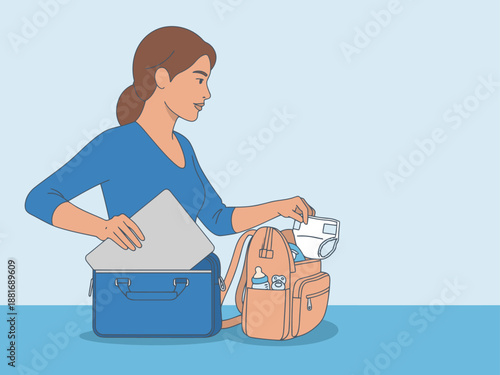 A woman prepares for work, packing a diaper bag and laptop into a backpack. A clean, modern illustration showcasing motherhood and professional life.