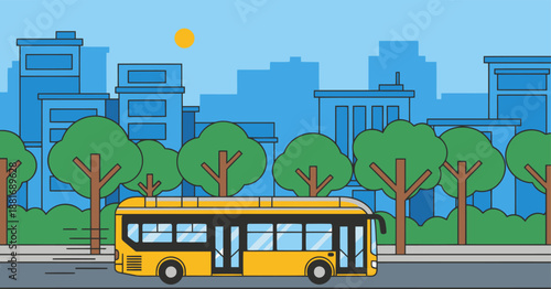 A yellow school bus travels through a vibrant eco-neighborhood cityscape. Modern, clean lines and a bright, sunny day create a welcoming scene. Perfect for urban lifestyle visuals.