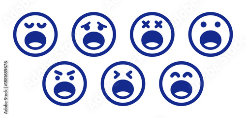 Set of screaming blue emoji in flat style