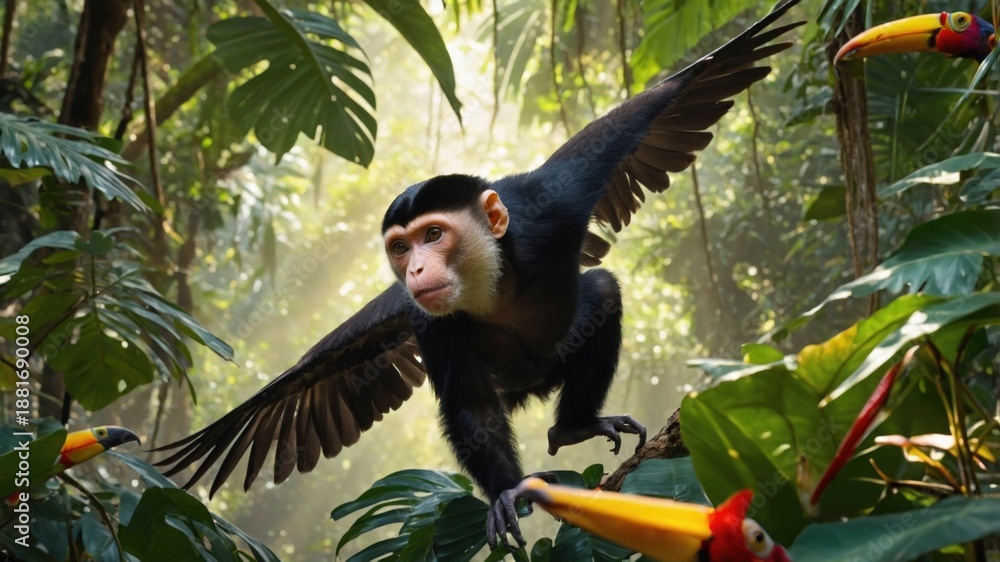 Fototapeta premium Monkey soaring through lush jungle foliage with colorful toucans in vibrant, sunlit rainforest