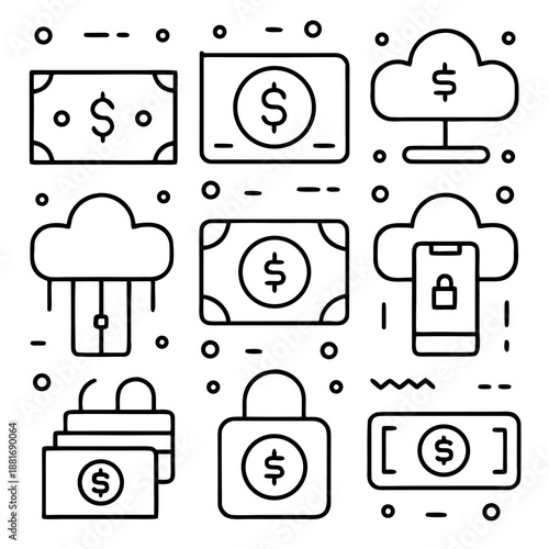 Financial icons set: cloud, security, and money vector illustrations