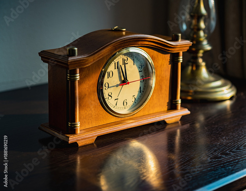 A classic wooden mantel clock with a brass face and Roman numerals, sitting on a polished dark wood table, illuminated by warm light.