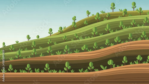 Rolling Green Terraces: An artist's rendering depicts a serene landscape of meticulously terraced hillsides, each tier embracing new growth.