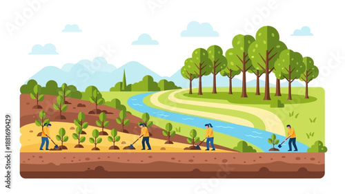 Environmental Stewardship: Depicting a scene of dedicated individuals planting saplings, this illustration embodies the spirit of environmental stewardship and the pursuit of a greener tomorrow.