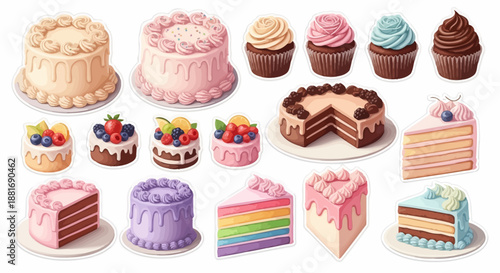 A colorful assortment of cakes and cupcakes displayed on plates and trays, showcasing various flavors and decorations.