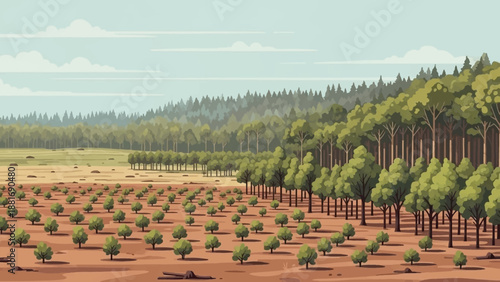 Tree plantation and field : A vibrant scene unfolds as rows of trees stand tall in a expansive field, with a forest in the background. Illustrating nature's elegance and human's labor. 
