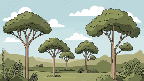 Serene Landscape of Trees: In the tranquil backdrop of rolling hills, the image presents a captivating panorama of trees under a serene sky. This illustration shows a view of nature.