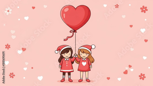 A cute illustration of two girls holding a heart-shaped balloon on a pink background