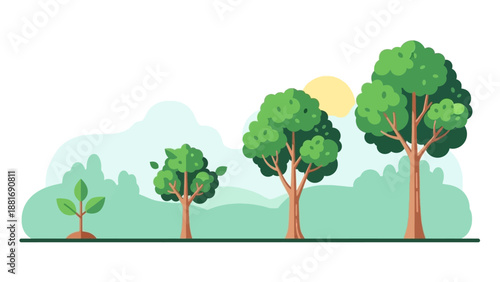 Stages of Growth: Depicting a metaphorical journey of development, with trees illustrating the different stages of life, growth, and maturation against a bright background.