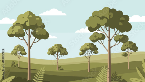 Green Canopy Landscape: A vibrant, sunny landscape scene showcases a collection of lush, green trees with expansive crowns, all standing on a gentle hill. Soft clouds drift lazily above.