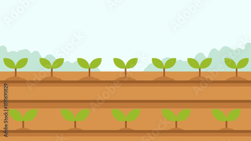 New Beginnings: A vibrant illustration showcasing rows of emerging sprouts in a cultivated field, symbolizing growth, potential, and the promise of a bountiful harvest.