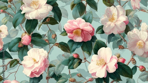 Soft Pastel Green Background Scattered Camellias Pale Delicate Floral Pattern
