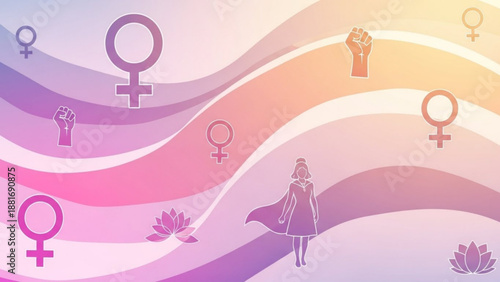 A vector graphic illustration of a woman surrounded by feminist symbols and colorful wavy lines