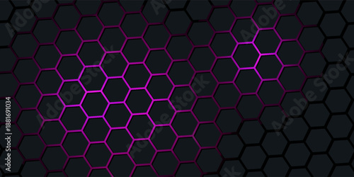 purple technology hexagonal vector background. Abstract purple bright energy flashes under hexagon in navy purple technology, modern, futuristic vector illustration