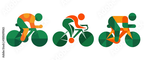 Cycling, athlete cyclist, stylized flat icon in geometric style, in green and orange colors, white background, isolated, icon set