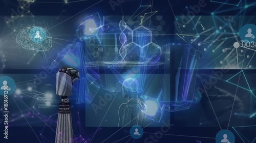 Animation of network of connections over human brain and group of on dark hand