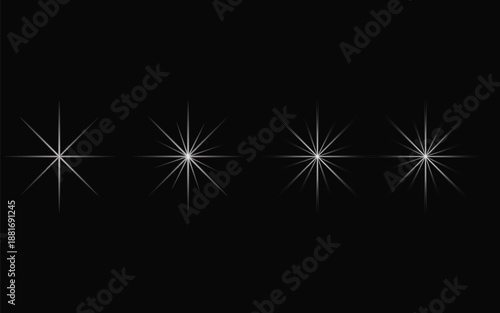 Four white starbursts on a black background varying in complexity and brightness illumination overlay vector