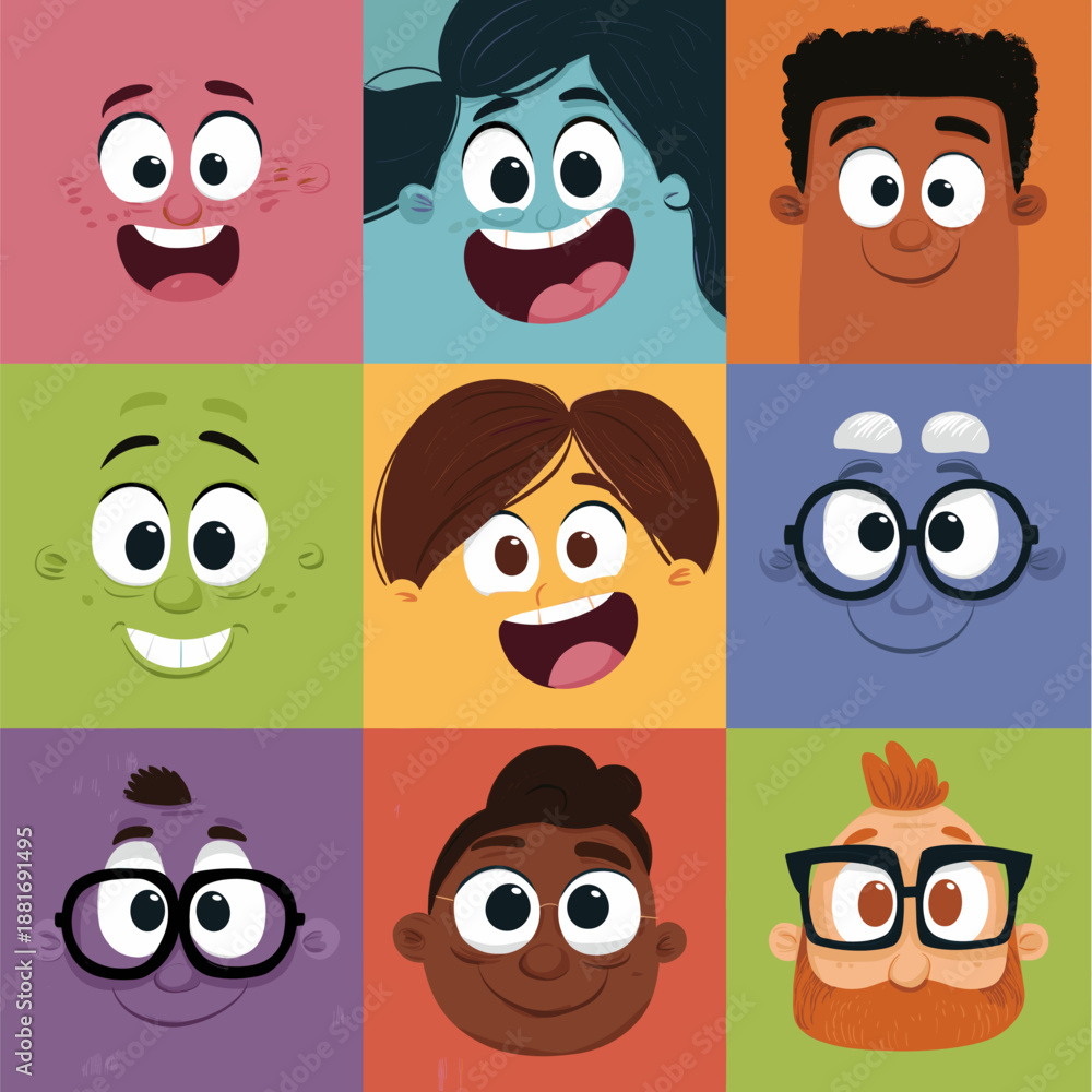 Fototapeta premium Cheerful cartoon faces on a colorful background expressing various emotions and concepts. Cartoon faces showing emotions and different personalities