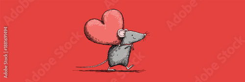 Cartoon gray rat running with a large red heart on a solid red background. Cute gray rat carrying red heart running