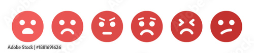 Set of unhappy red face emoticons expressing negative feedback