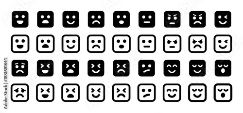 Set of various square emoticons with different expressions in black