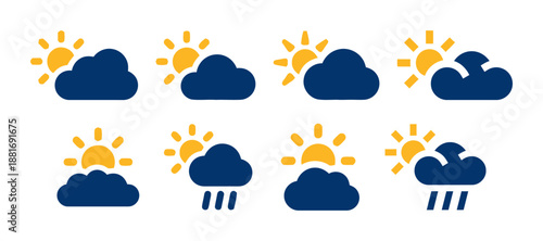Set of weather icons with sun and clouds for forecasting and climate monitoring