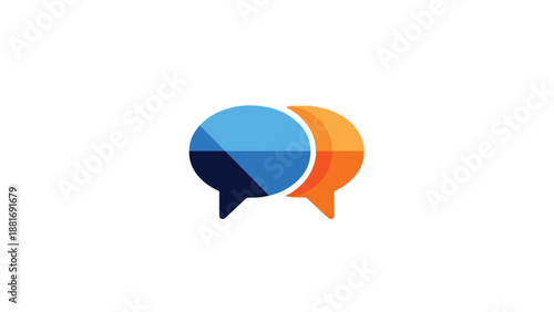 A colorful graphic illustration of two overlapping speech bubbles in blue and orange on a white background.