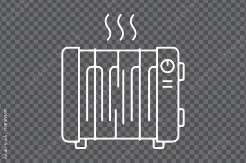 A white outline icon of a portable oil-filled radiator emitting heat waves on a transparent background.
