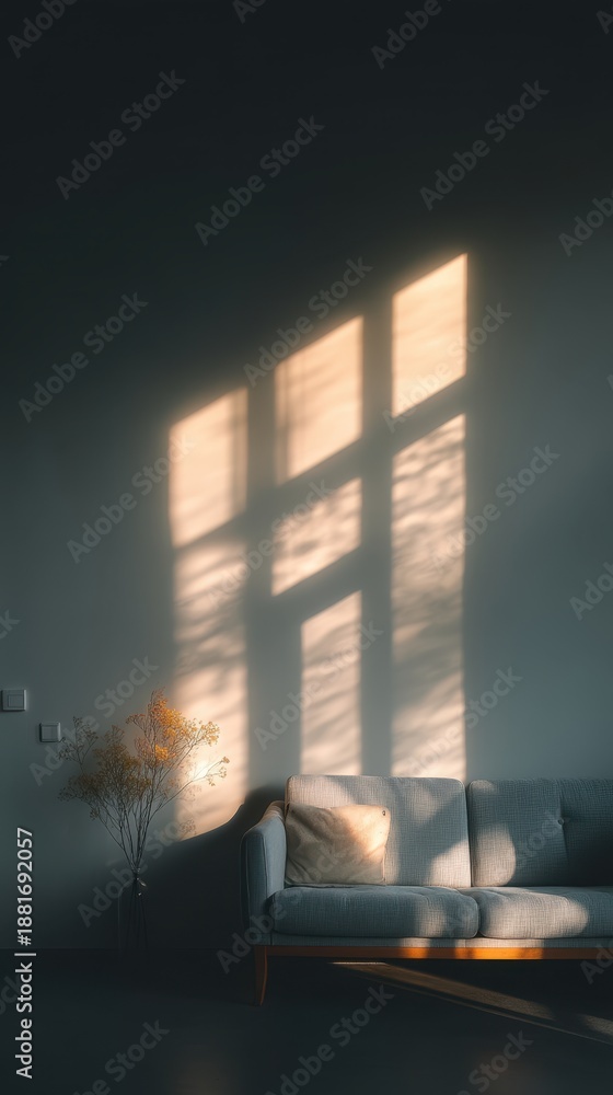 Obraz premium Sunlight through window in empty room, cozy minimal interior with shadows