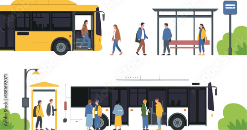 City Bus Stop Scene Vector – Passengers Boarding and Waiting