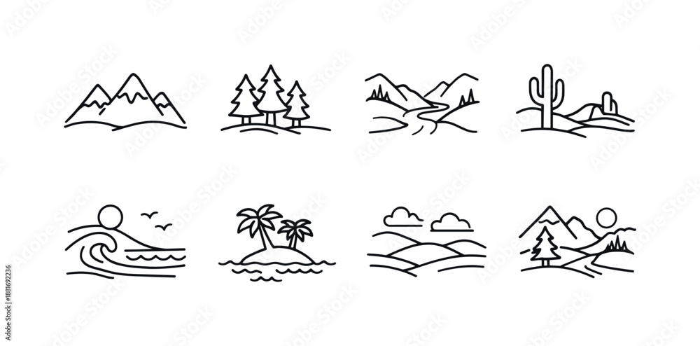 Fototapeta premium Minimal line art landscape icon set featuring mountains, forests, river valley, desert cactus, surfer wave, tropical island palms, and rolling hills