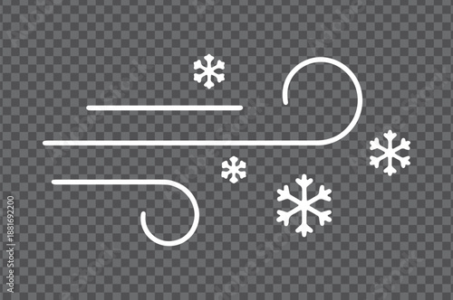 A minimalist white line icon depicting wind blowing snowflakes on a transparent background.